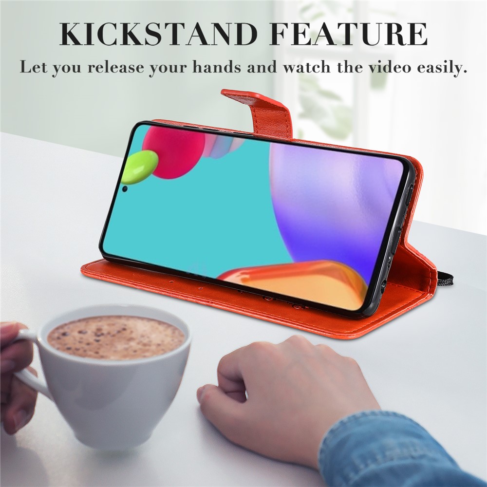 Imprinted Butterflies Flower Leather Wallet Stand Case for Samsung Galaxy A52 5G - Orange-11
