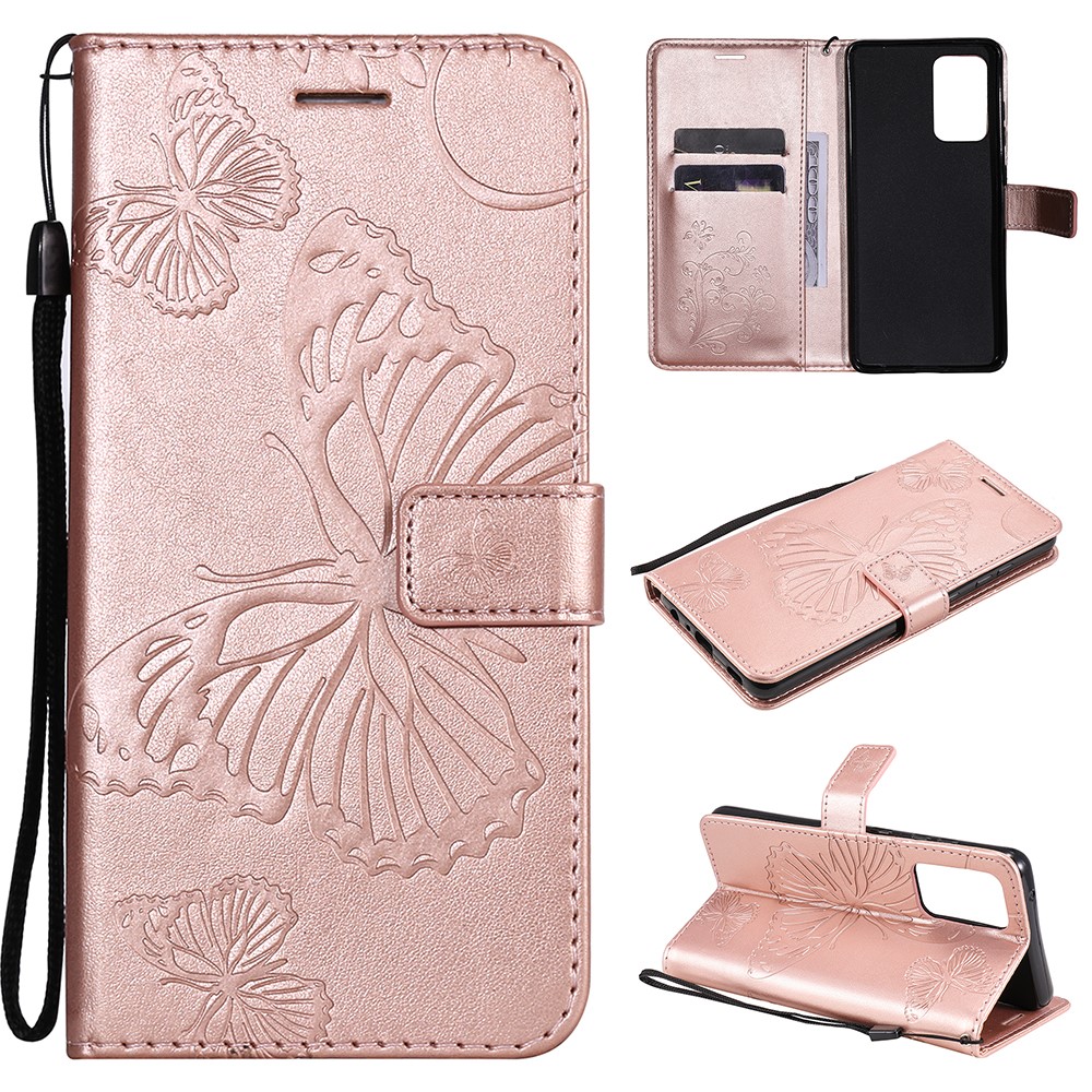 Imprinted Butterflies Flower Leather Wallet Stand Case for Samsung Galaxy A52 5G - Rose Gold-1