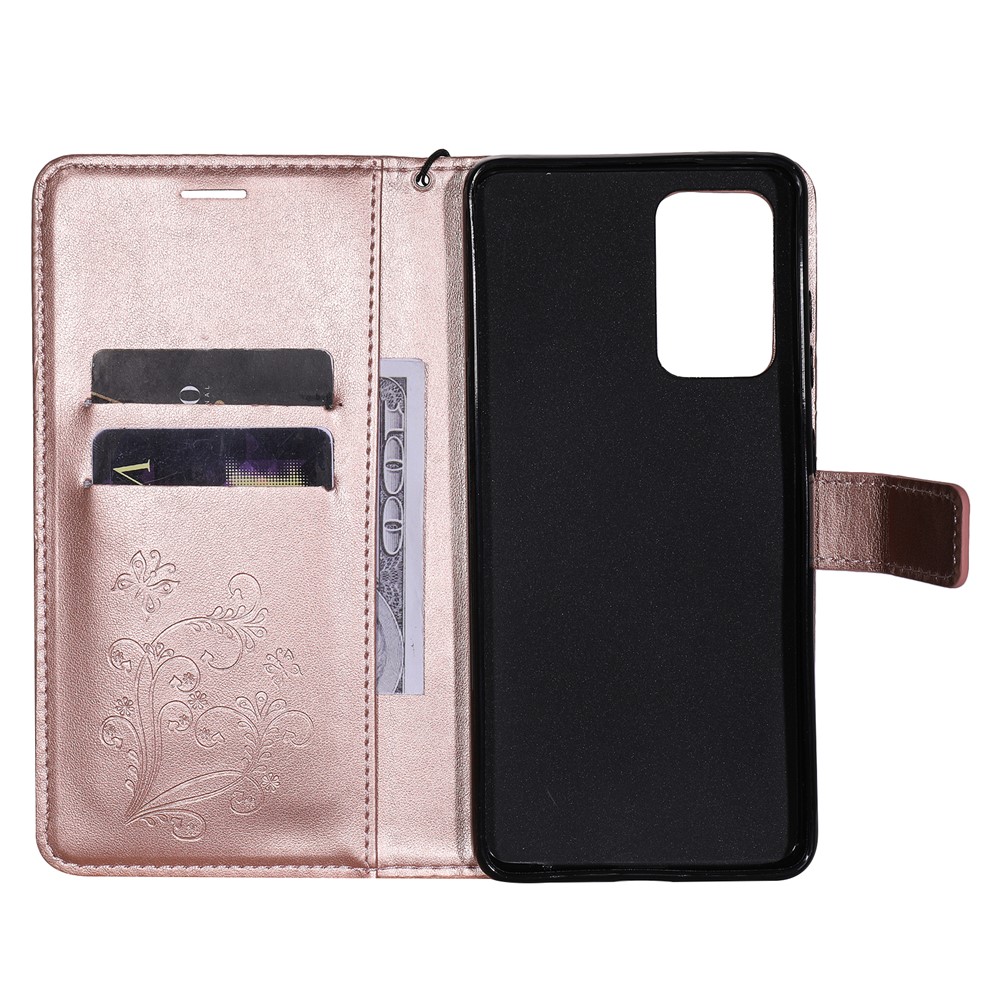 Imprinted Butterflies Flower Leather Wallet Stand Case for Samsung Galaxy A52 5G - Rose Gold-4