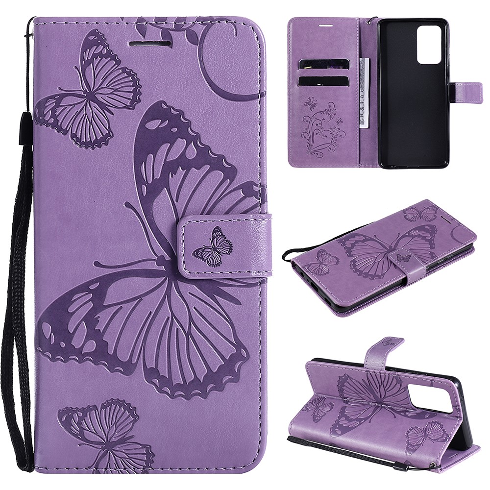 Imprinted Butterflies Flower Leather Wallet Stand Case for Samsung Galaxy A52 5G - Purple-1