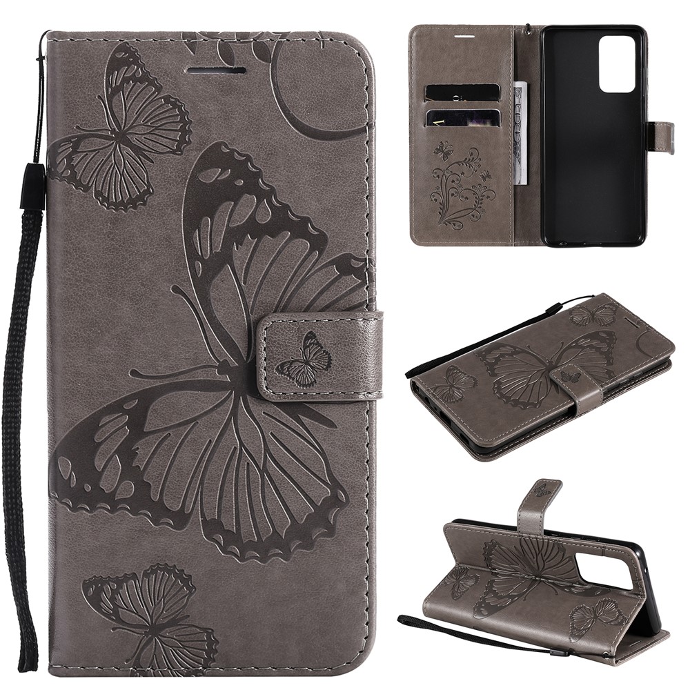 Imprinted Butterflies Flower Leather Wallet Stand Case for Samsung Galaxy A52 5G - Grey-1