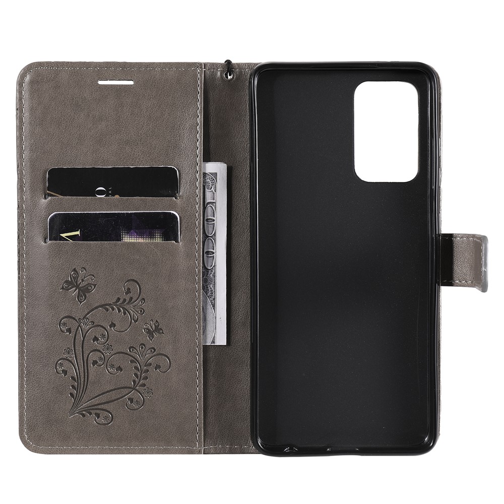 Imprinted Butterflies Flower Leather Wallet Stand Case for Samsung Galaxy A52 5G - Grey-5