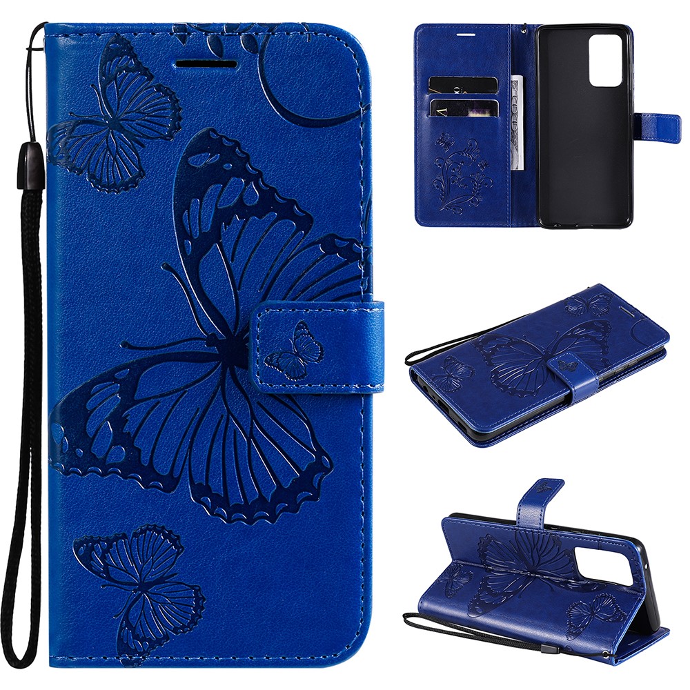 Imprinted Butterflies Flower Leather Wallet Stand Case for Samsung Galaxy A52 5G - Blue-1