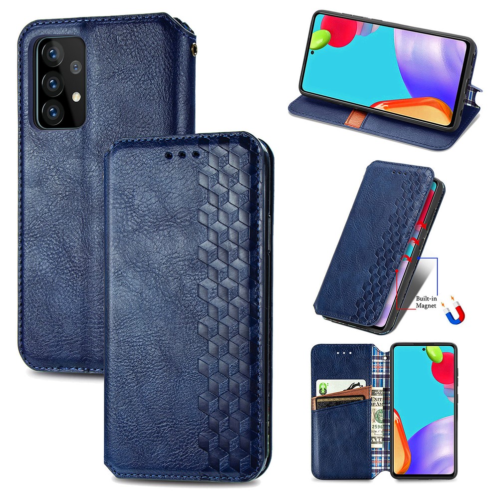 Fashionable Rhombus Imprinting Decor Leather Phone Auto-Absorbed Cover Case for Samsung Galaxy A72 5G - Blue-1