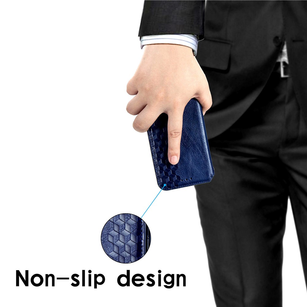 Fashionable Rhombus Imprinting Decor Leather Phone Auto-Absorbed Cover Case for Samsung Galaxy A72 5G - Blue-13