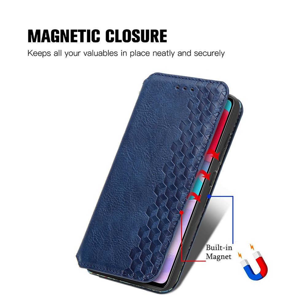 Fashionable Rhombus Imprinting Decor Leather Phone Auto-Absorbed Cover Case for Samsung Galaxy A72 5G - Blue-9