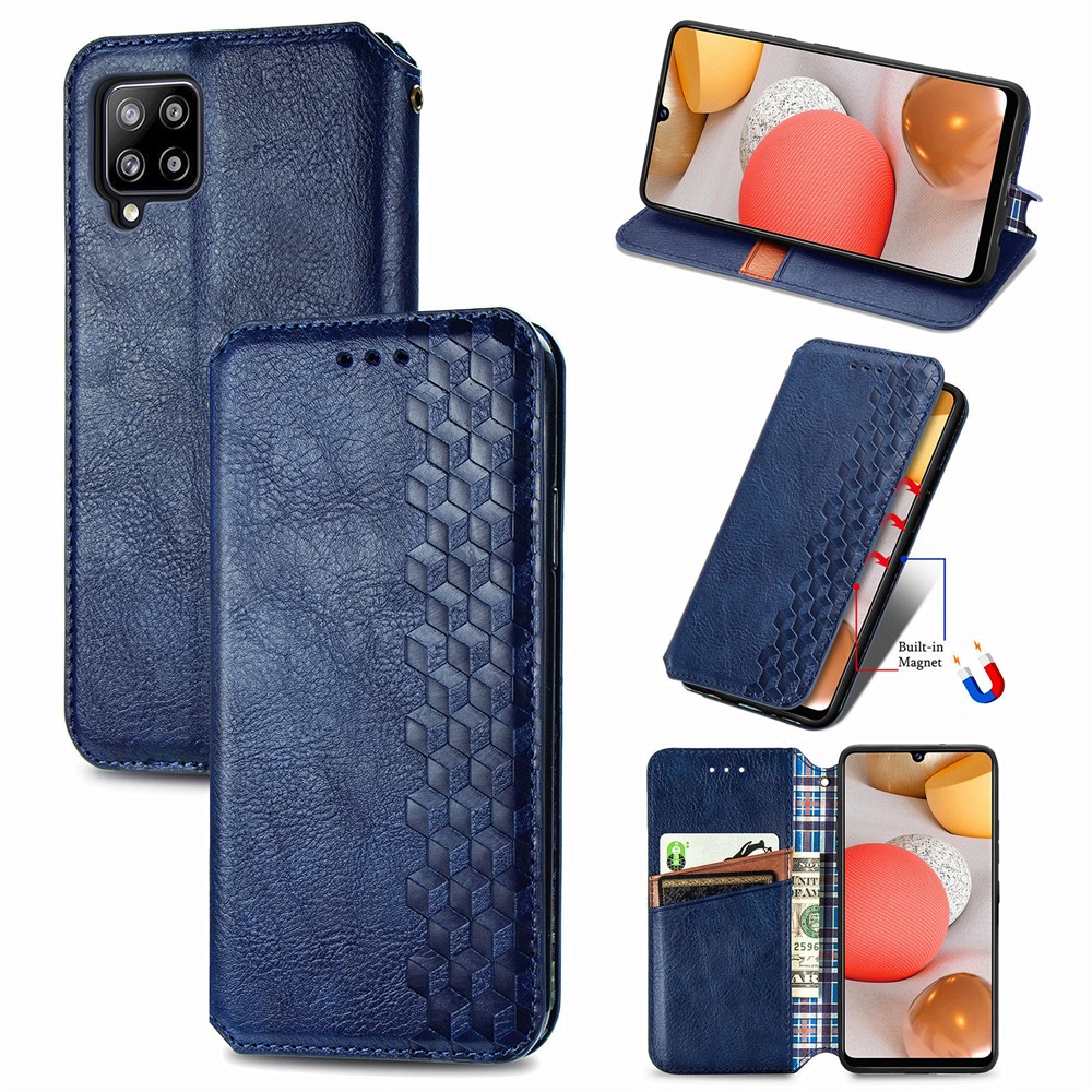 Fashionable Auto-absorbed Rhombus Texture PU Leather Wallet Phone Cover for Samsung Galaxy A42 5G - Blue-1