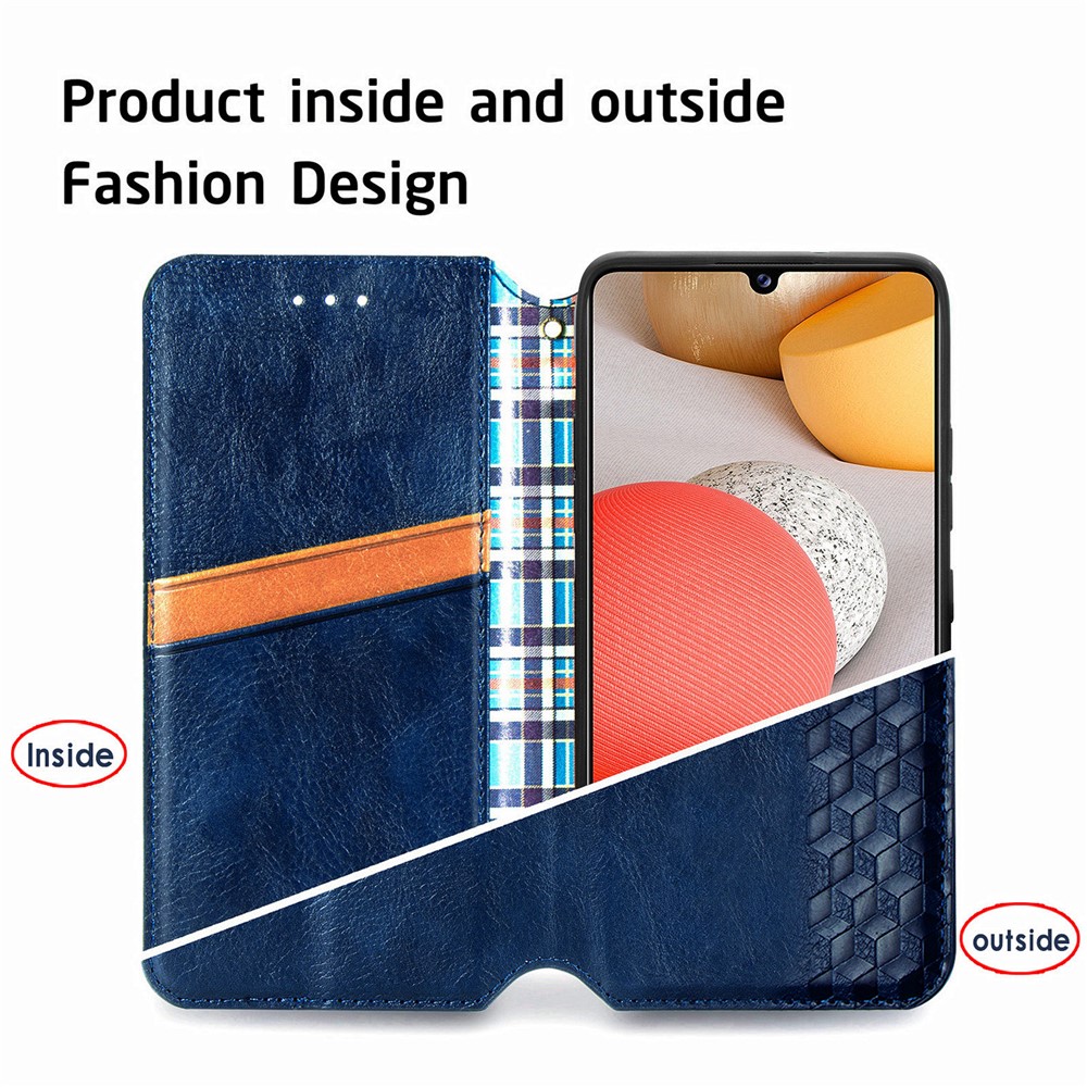 Fashionable Auto-absorbed Rhombus Texture PU Leather Wallet Phone Cover for Samsung Galaxy A42 5G - Blue-11
