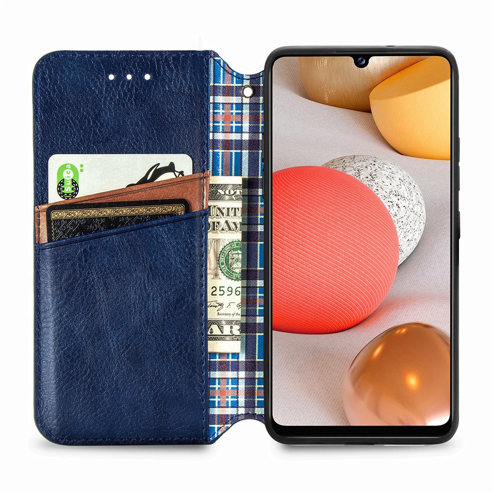Fashionable Auto-absorbed Rhombus Texture PU Leather Wallet Phone Cover for Samsung Galaxy A42 5G - Blue-5