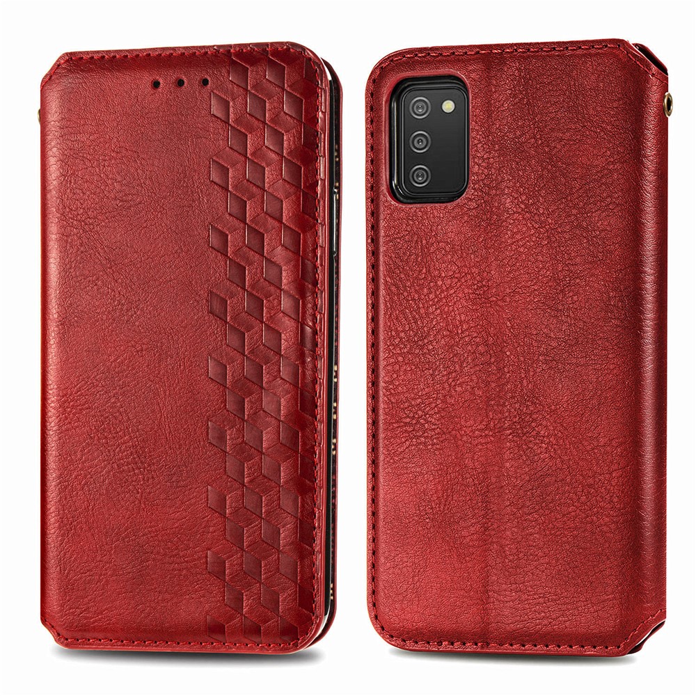 Fashionable Auto-absorbed Rhombus Texture PU Leather Wallet Phone Cover for Samsung Galaxy A02s (164.2x75.9x9.1mm) - Red-2