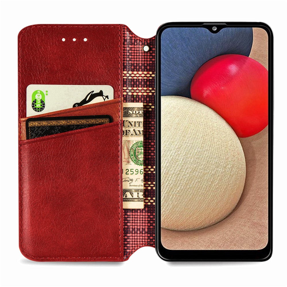 Fashionable Auto-absorbed Rhombus Texture PU Leather Wallet Phone Cover for Samsung Galaxy A02s (164.2x75.9x9.1mm) - Red-3