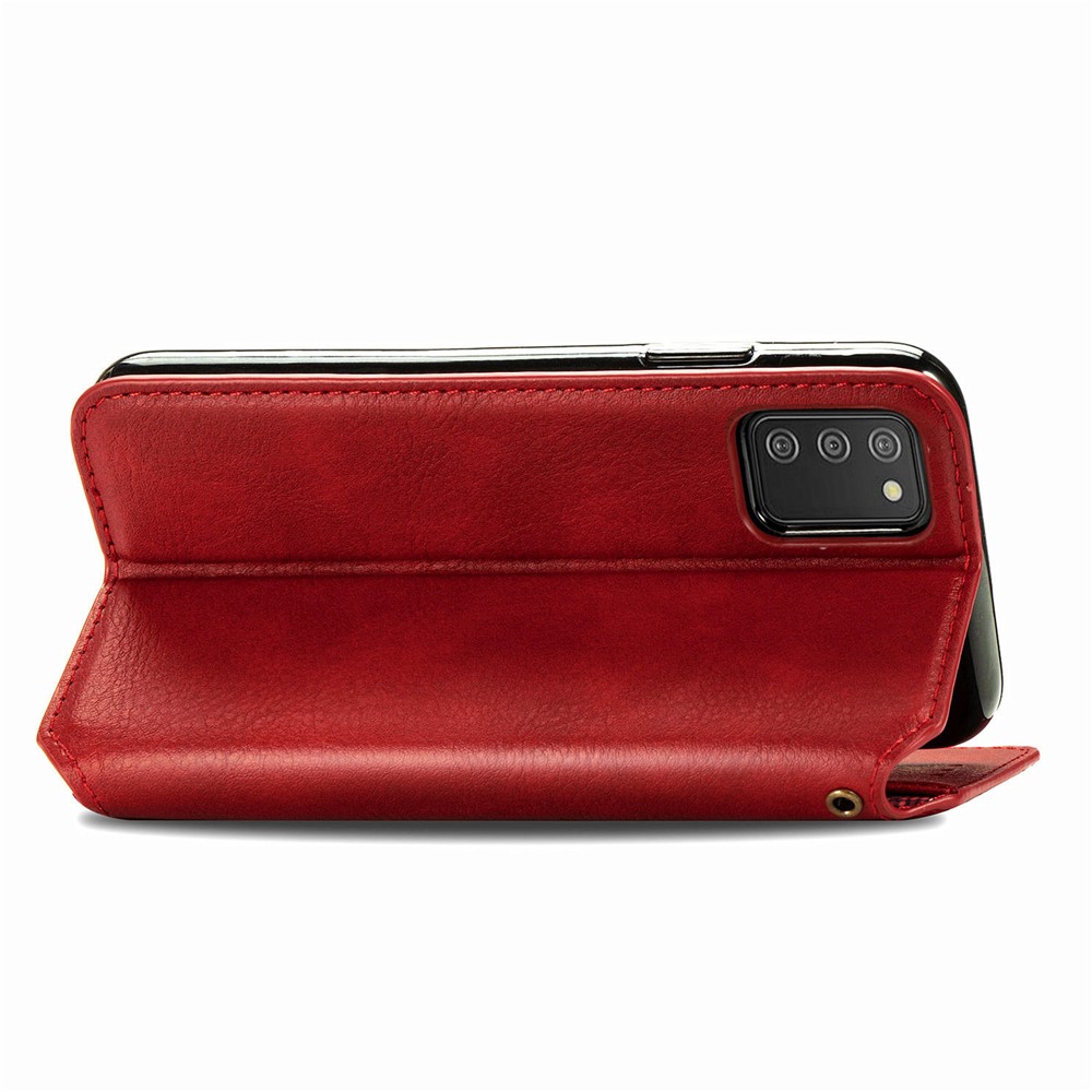 Fashionable Auto-absorbed Rhombus Texture PU Leather Wallet Phone Cover for Samsung Galaxy A02s (164.2x75.9x9.1mm) - Red-4