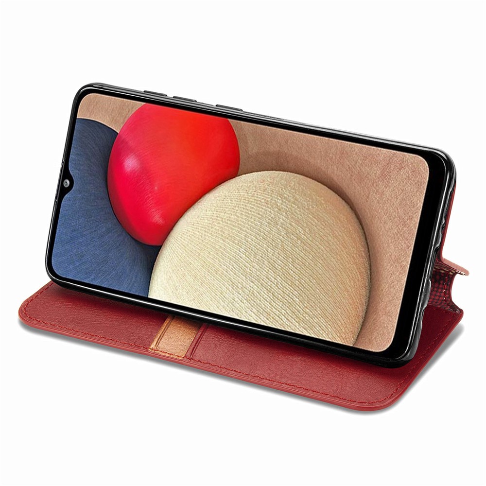 Fashionable Auto-absorbed Rhombus Texture PU Leather Wallet Phone Cover for Samsung Galaxy A02s (164.2x75.9x9.1mm) - Red-5