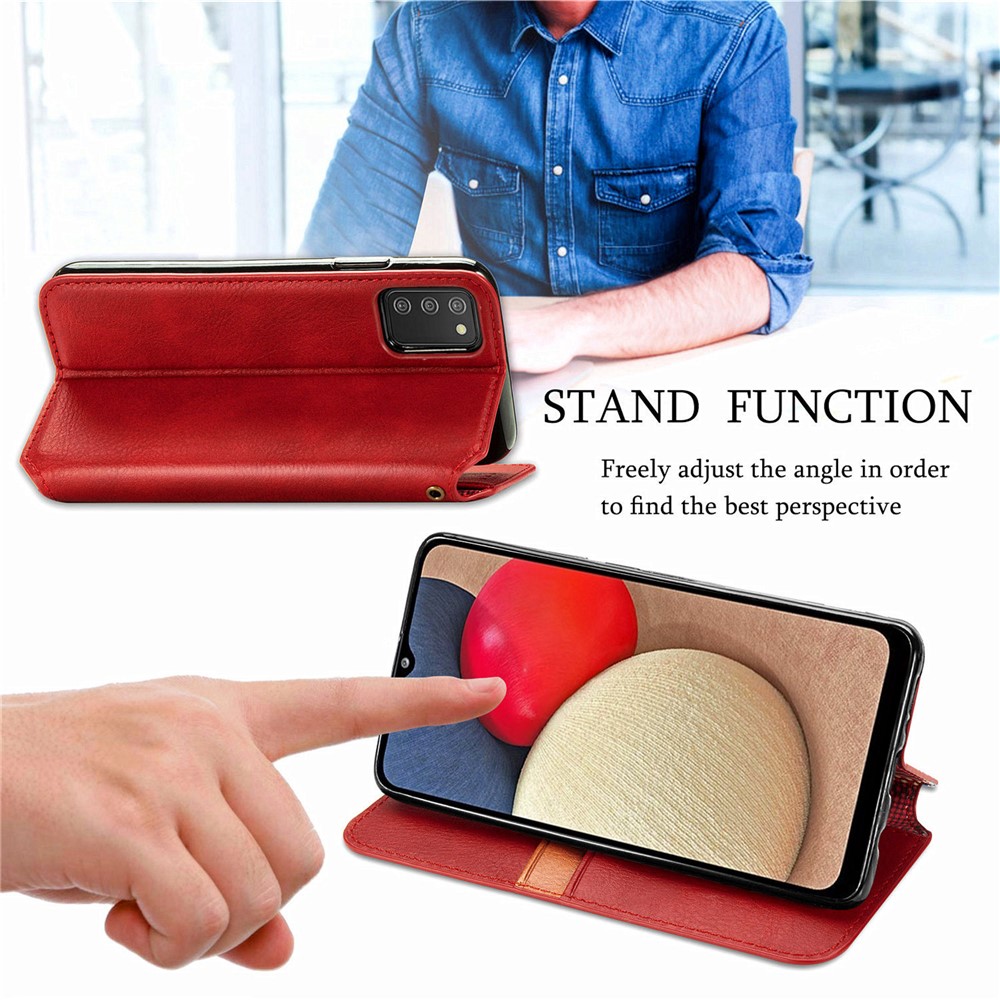 Fashionable Auto-absorbed Rhombus Texture PU Leather Wallet Phone Cover for Samsung Galaxy A02s (164.2x75.9x9.1mm) - Red-6