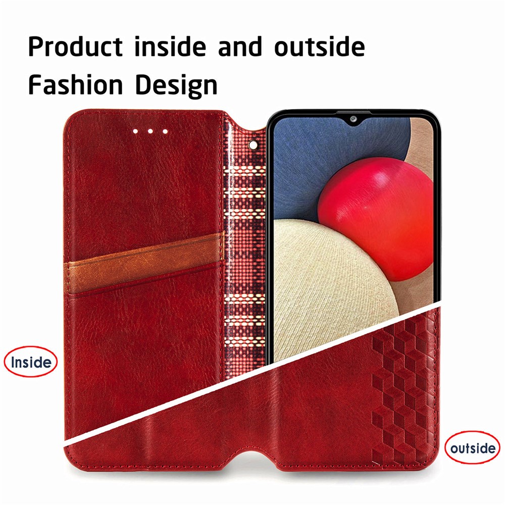 Fashionable Auto-absorbed Rhombus Texture PU Leather Wallet Phone Cover for Samsung Galaxy A02s (164.2x75.9x9.1mm) - Red-8