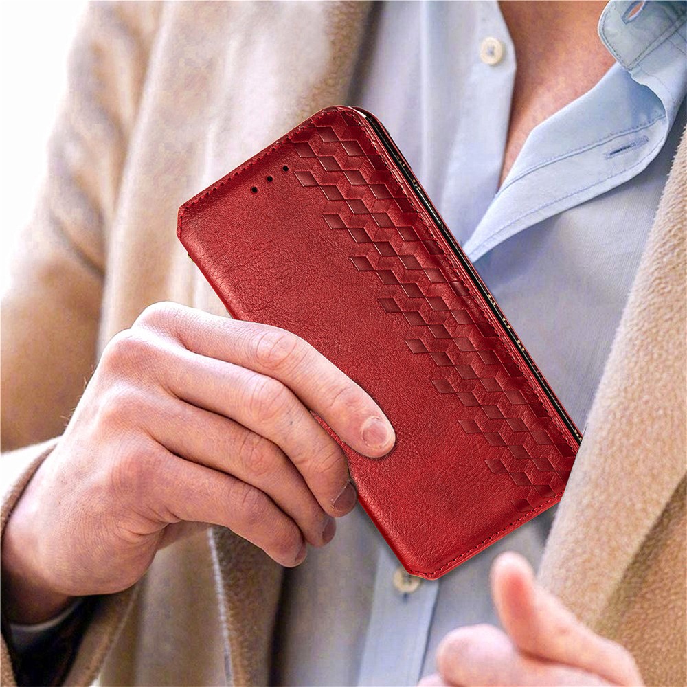 Fashionable Auto-absorbed Rhombus Texture PU Leather Wallet Phone Cover for Samsung Galaxy A02s (164.2x75.9x9.1mm) - Red-9