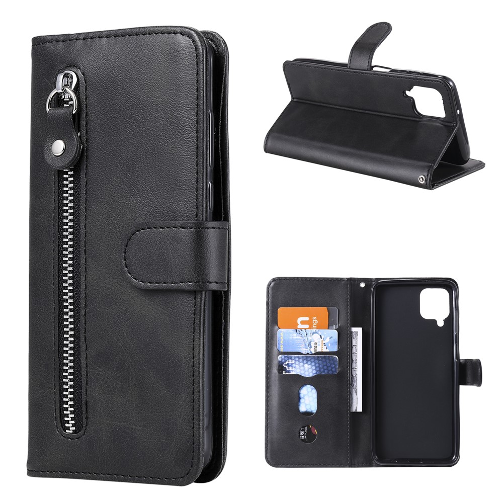 Zipper Pocket Leather Wallet Stand Case for Samsung Galaxy A12 - Black-1