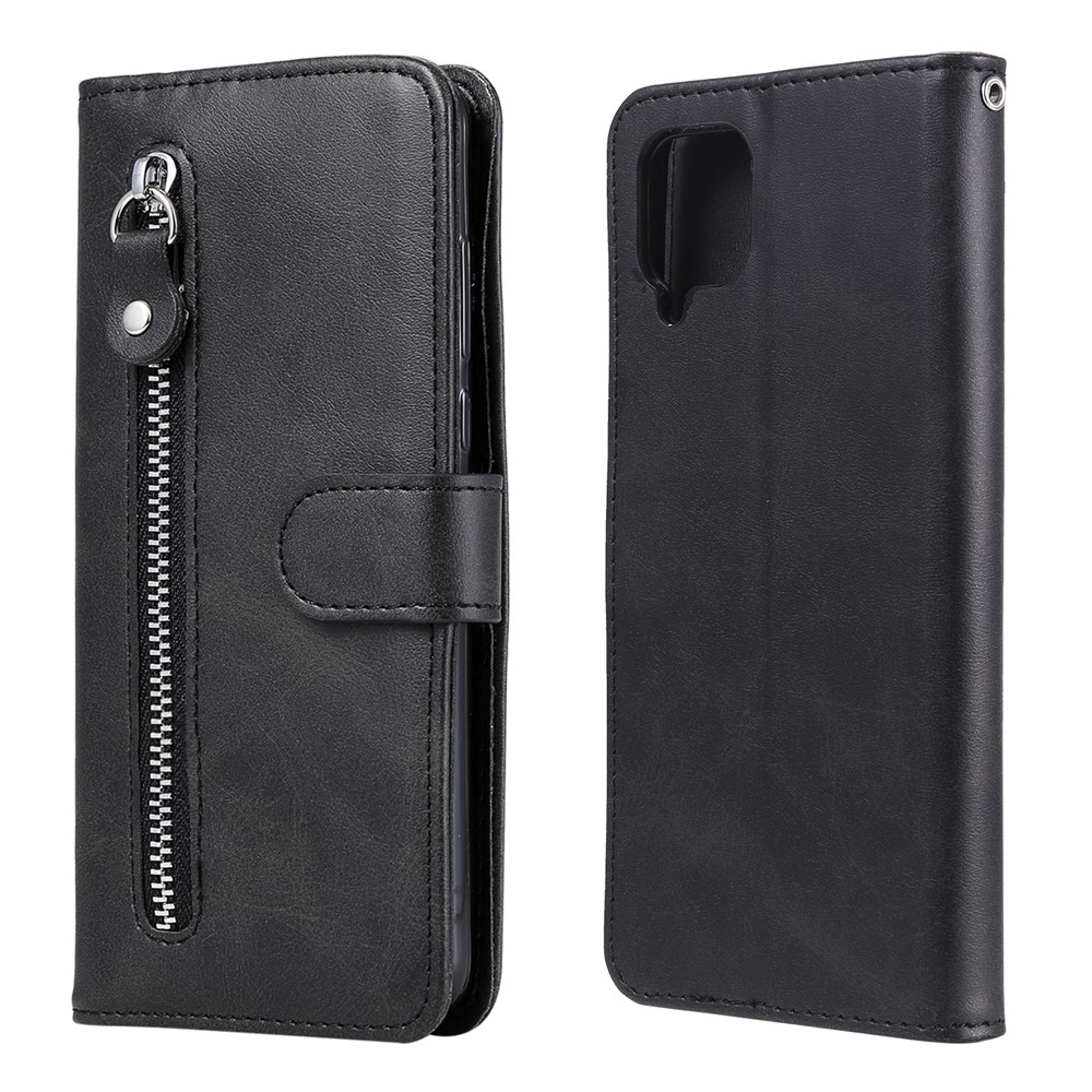Zipper Pocket Leather Wallet Stand Case for Samsung Galaxy A12 - Black-2
