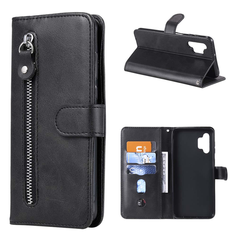 Zipper Pocket Wallet Leather Stand Case for Samsung Galaxy A32 5G Cover - Black-1