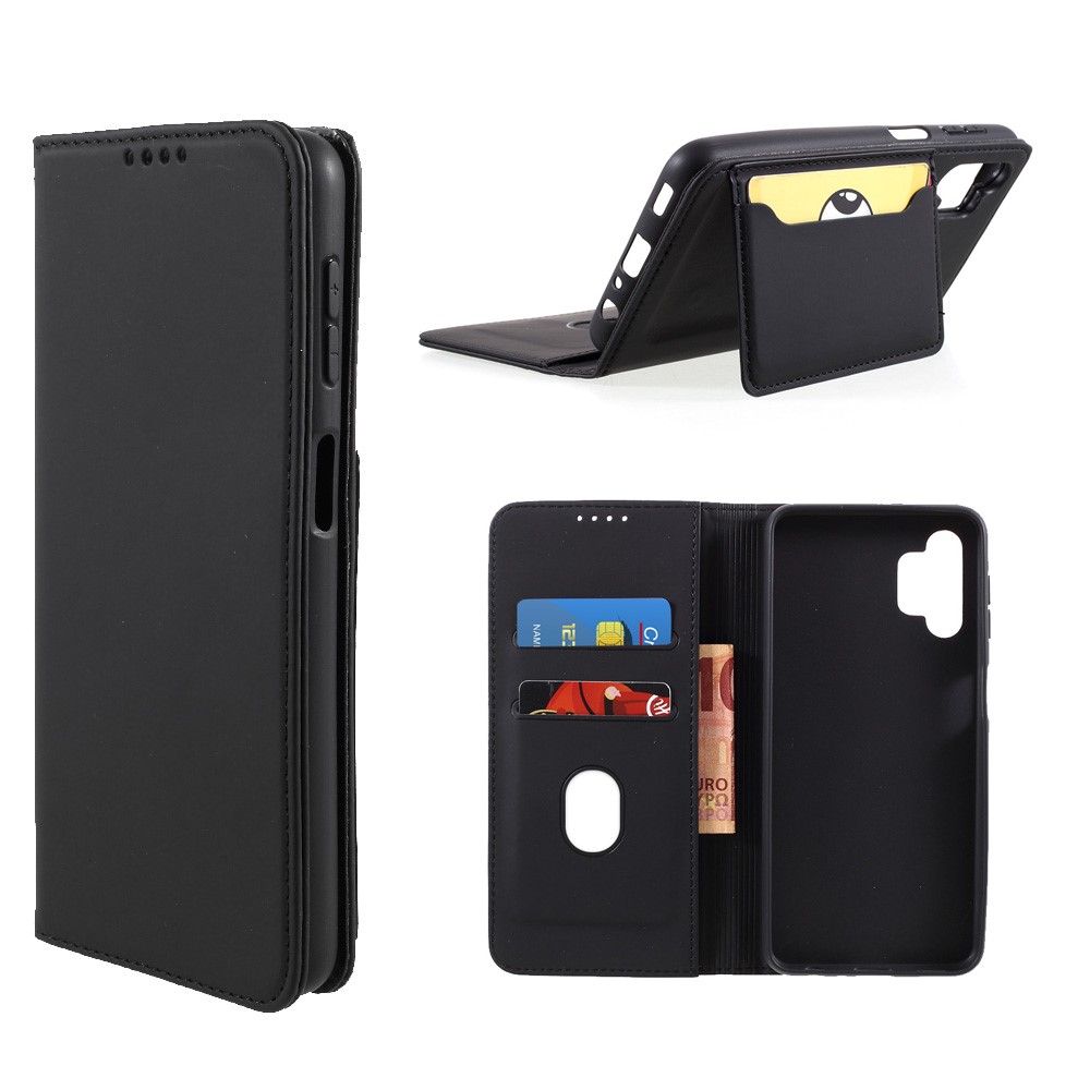 Liquid Silicone Feel Leather Automatic Suction Wallet Case for Samsung Galaxy A32 5G - Black-1