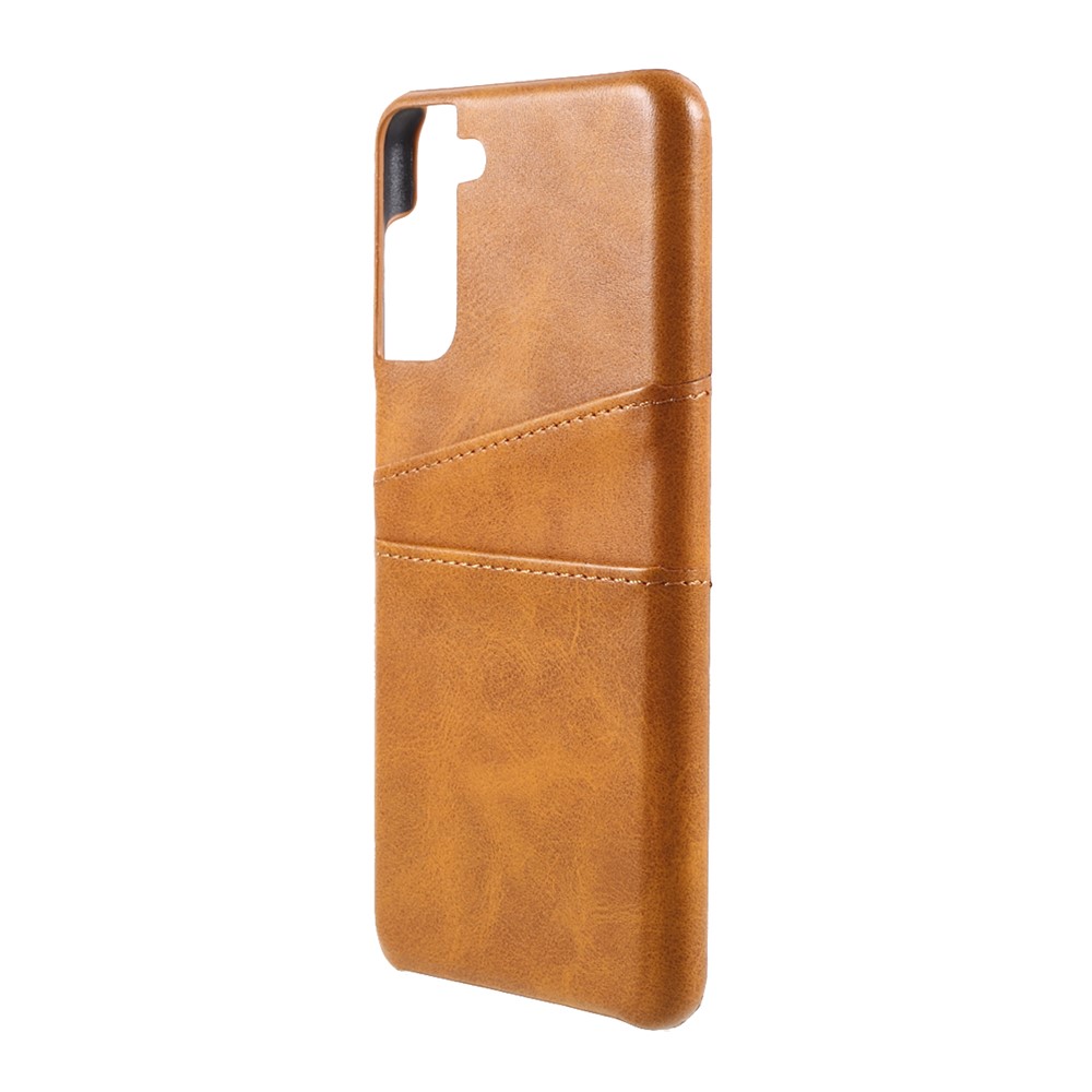 Double Card Slots PU Leather Coated PC Cover for Samsung Galaxy S21 5G Case - Light Brown-2
