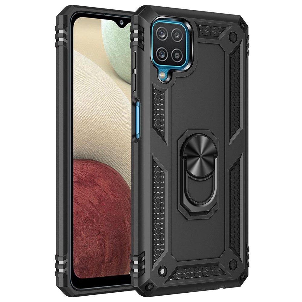 Hybrid PC + TPU Anti-drop Phone Shell with Ring Kickstand for Samsung Galaxy A12 - Black-1