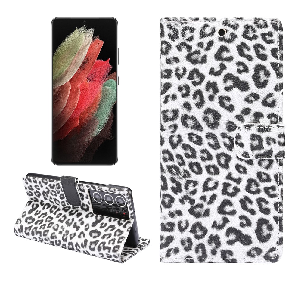 Leopard Texture Wallet Leather Stand Phone Protective Case for Samsung Galaxy S21 Ultra 5G - White-1
