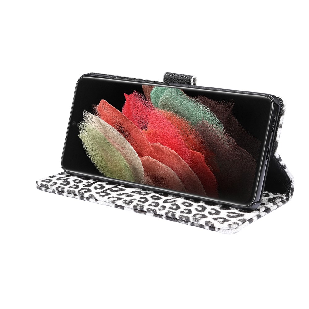 Leopard Texture Wallet Leather Stand Phone Protective Case for Samsung Galaxy S21 Ultra 5G - White-6