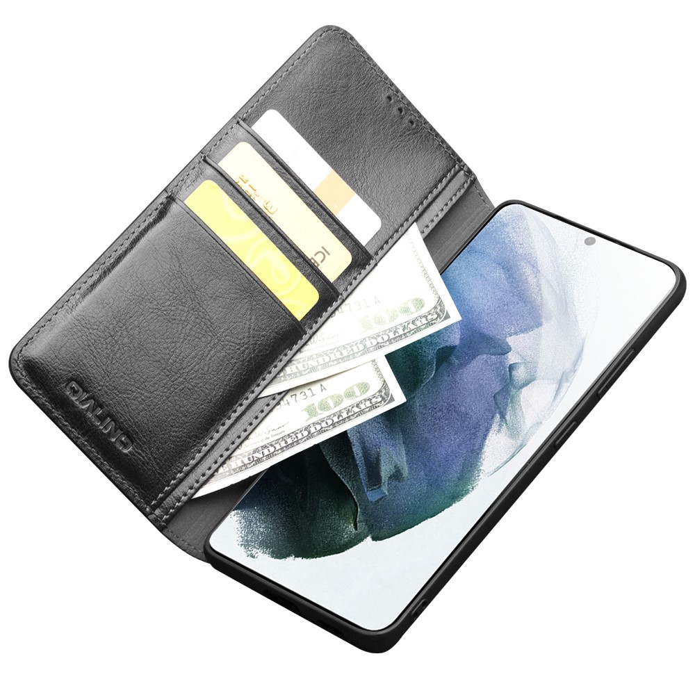 QIALINO Wallet Design Folio Flip Genuine Leather Phone Cover for Samsung Galaxy S21 Plus 5G - Black-3