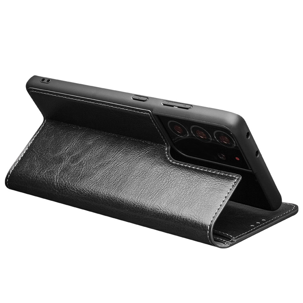 Cubierta Del Teléfono De Cuero Genuino De Qialino Para Samsung Galaxy S21 Ultra 5G Stand Wallet Folio Funda Funda - Negro