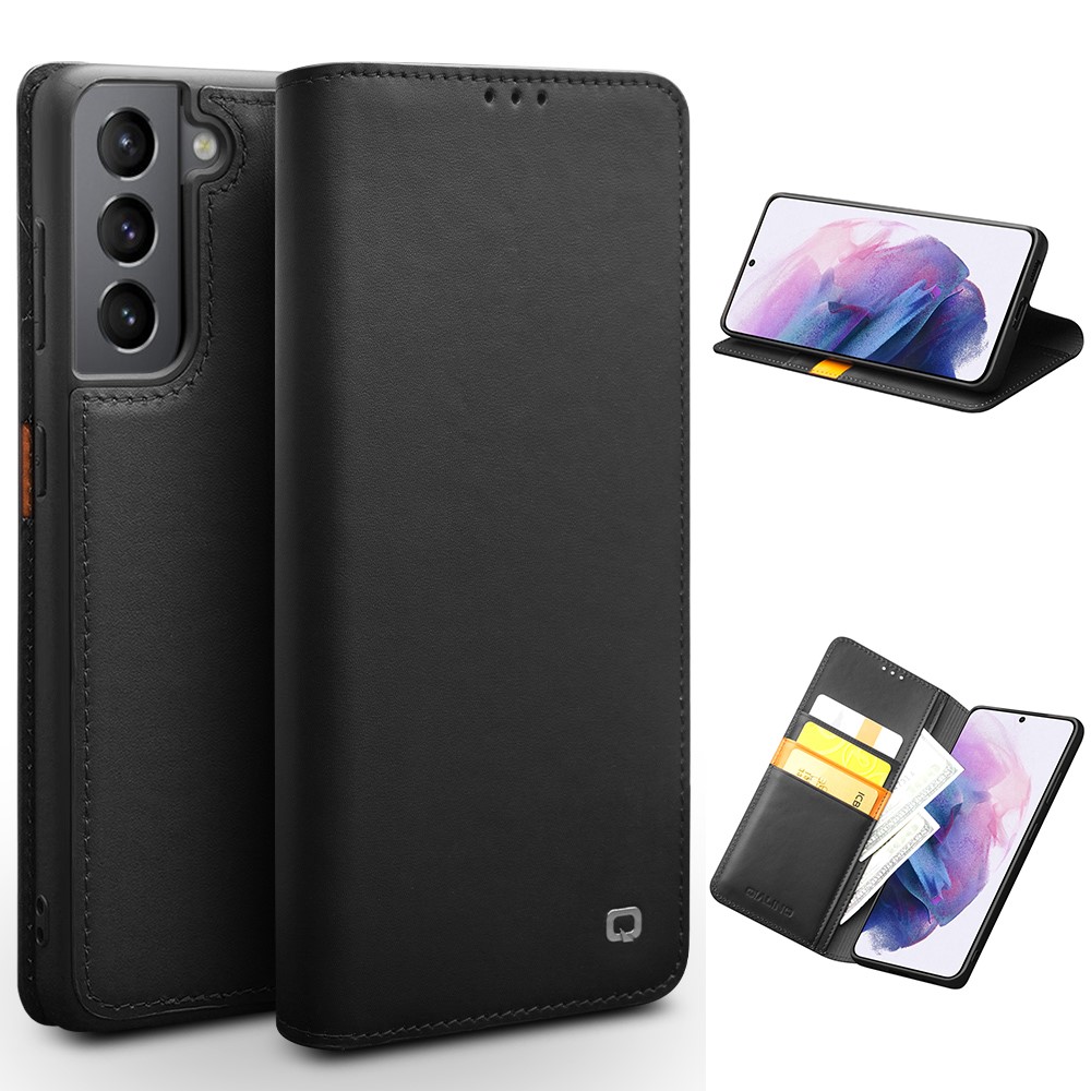 QIALINO Classic Style Wallet Cover Genuine Leather for Samsung Galaxy S21 Plus 5G - Black-1