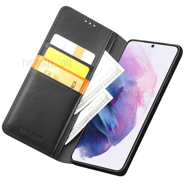 QIALINO Genuine Cowhide Leather Wallet Cover for Samsung Galaxy S21 5G - Black-2