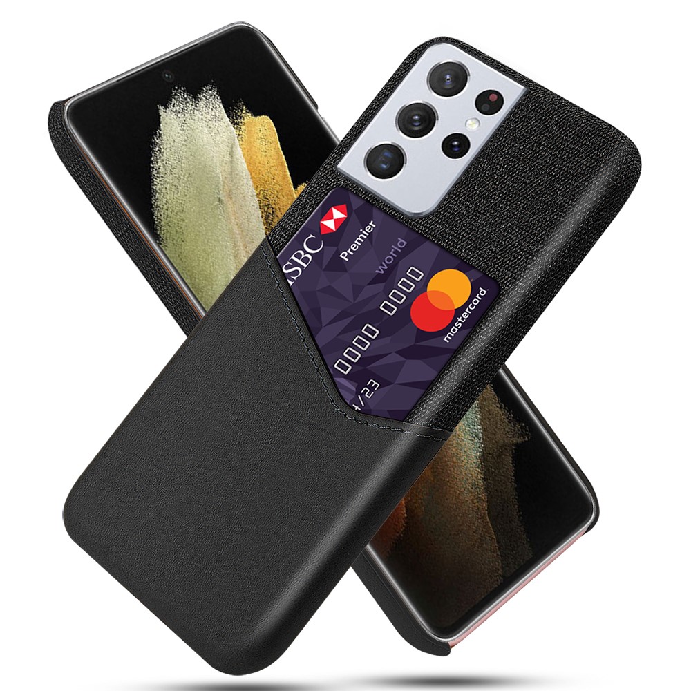 KSQ Card Slot Cloth + PU Leather + PC Hybrid Cover for Samsung Galaxy S21 Ultra 5G Case - Black-1