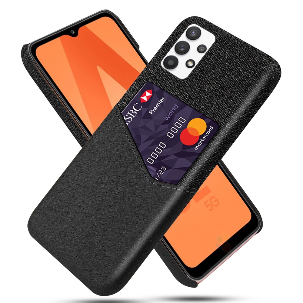 KSQ Card Holder Cloth + PU Leather Coated PC Back Cover for Samsung Galaxy A32 5G - Black-1