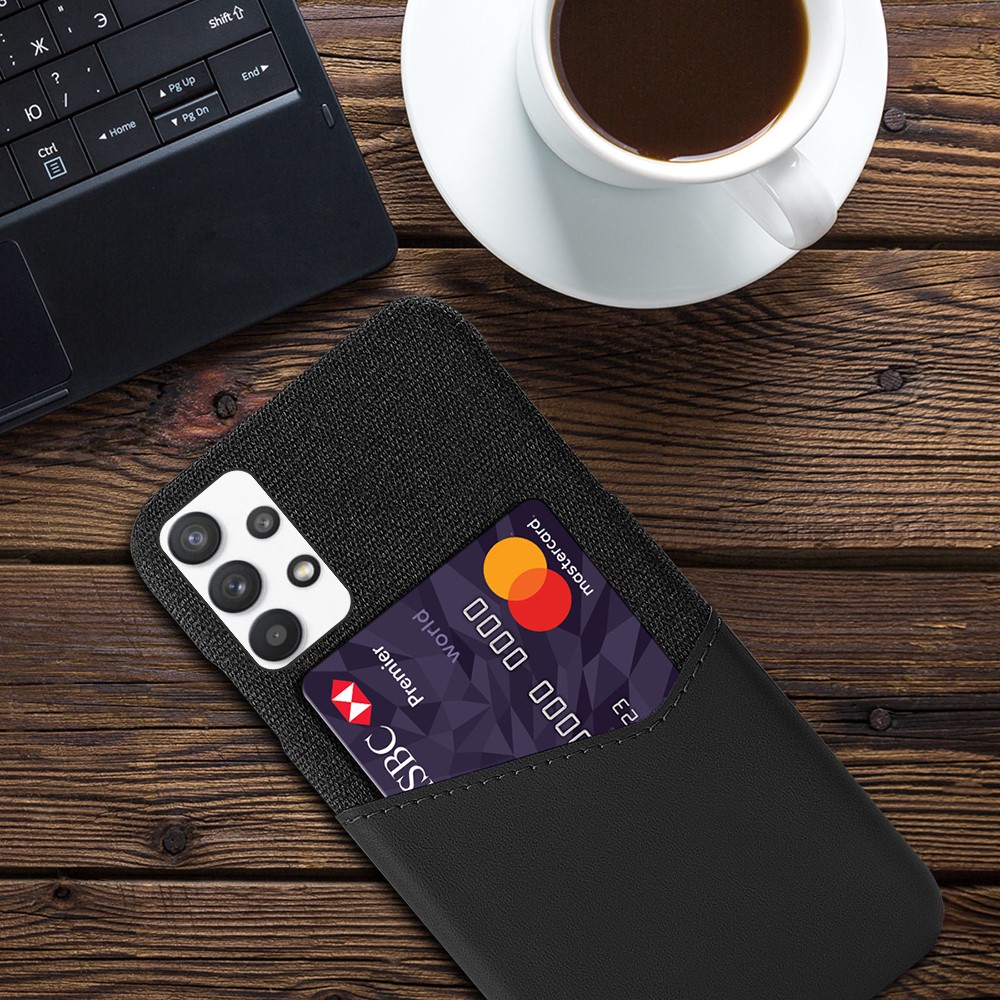 KSQ Card Holder Cloth + PU Leather Coated PC Back Cover for Samsung Galaxy A32 5G - Black-4