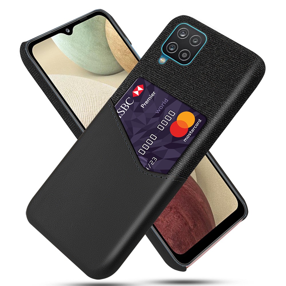 KSQ Card Holder Cloth + PU Leather Coated PC Back Cover for Samsung Galaxy A12 - Black-1
