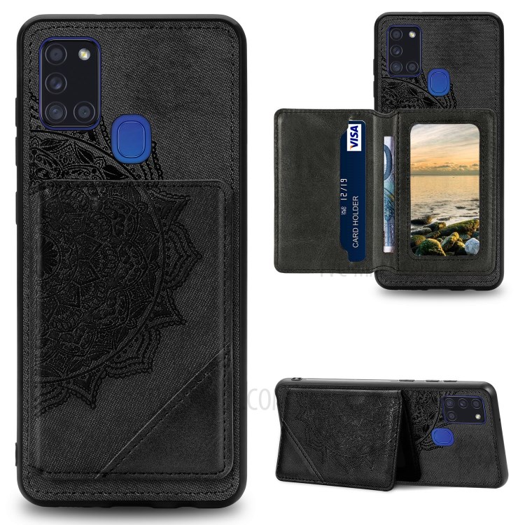Mandala Flower Pattern PU Leather+TPU Flip Kickstand Wallet Phone Case for Samsung Galaxy A21s - Black-1