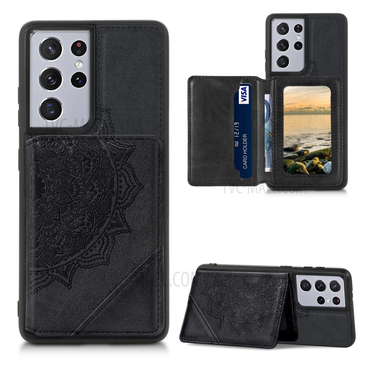 Mandala Flower Pattern PU Leather+TPU Kickstand Wallet Phone Case for Samsung Galaxy S21 Ultra 5G - Black-1