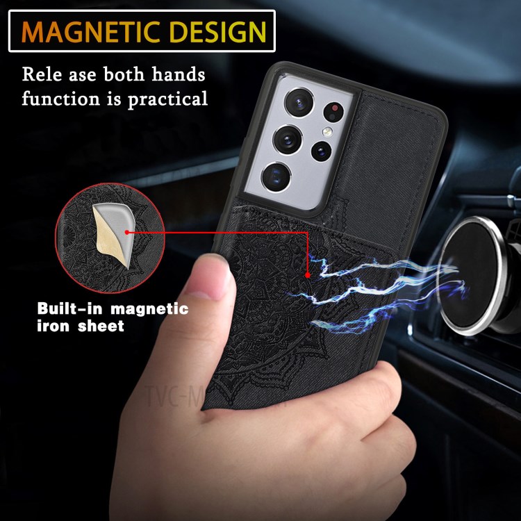Mandala Flower Pattern PU Leather+TPU Kickstand Wallet Phone Case for Samsung Galaxy S21 Ultra 5G - Black-10