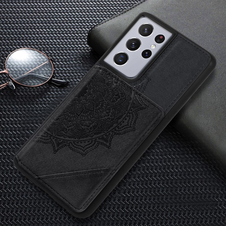 Mandala Flower Pattern PU Leather+TPU Kickstand Wallet Phone Case for Samsung Galaxy S21 Ultra 5G - Black-11