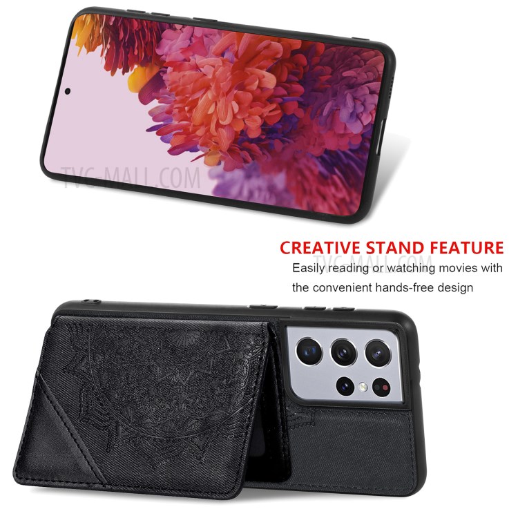 Mandala Flower Pattern PU Leather+TPU Kickstand Wallet Phone Case for Samsung Galaxy S21 Ultra 5G - Black-4