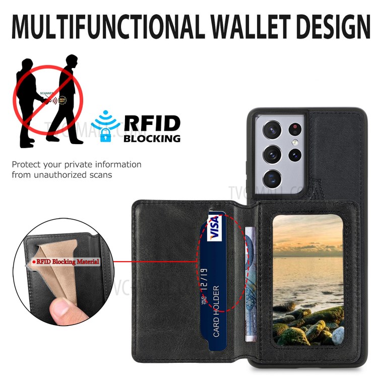 Mandala Flower Pattern PU Leather+TPU Kickstand Wallet Phone Case for Samsung Galaxy S21 Ultra 5G - Black-6