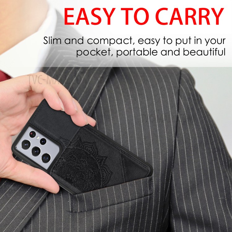 Mandala Flower Pattern PU Leather+TPU Kickstand Wallet Phone Case for Samsung Galaxy S21 Ultra 5G - Black-8