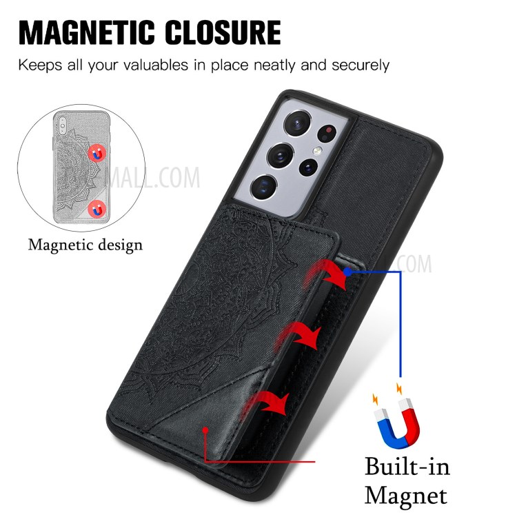 Mandala Flower Pattern PU Leather+TPU Kickstand Wallet Phone Case for Samsung Galaxy S21 Ultra 5G - Black-9