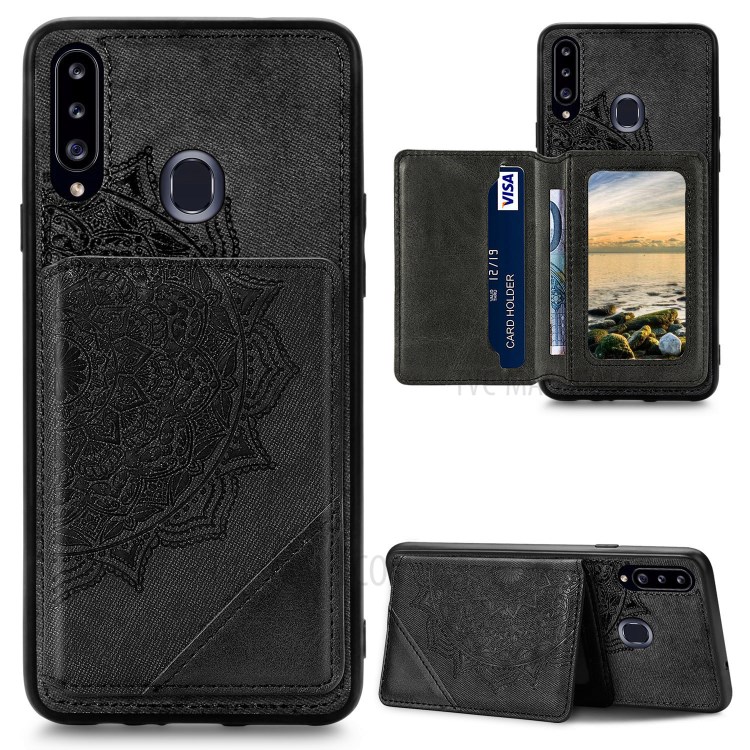 Mandala Flower Pattern PU Leather+TPU Wallet Kickstand Case for Samsung Galaxy A20s - Black-1