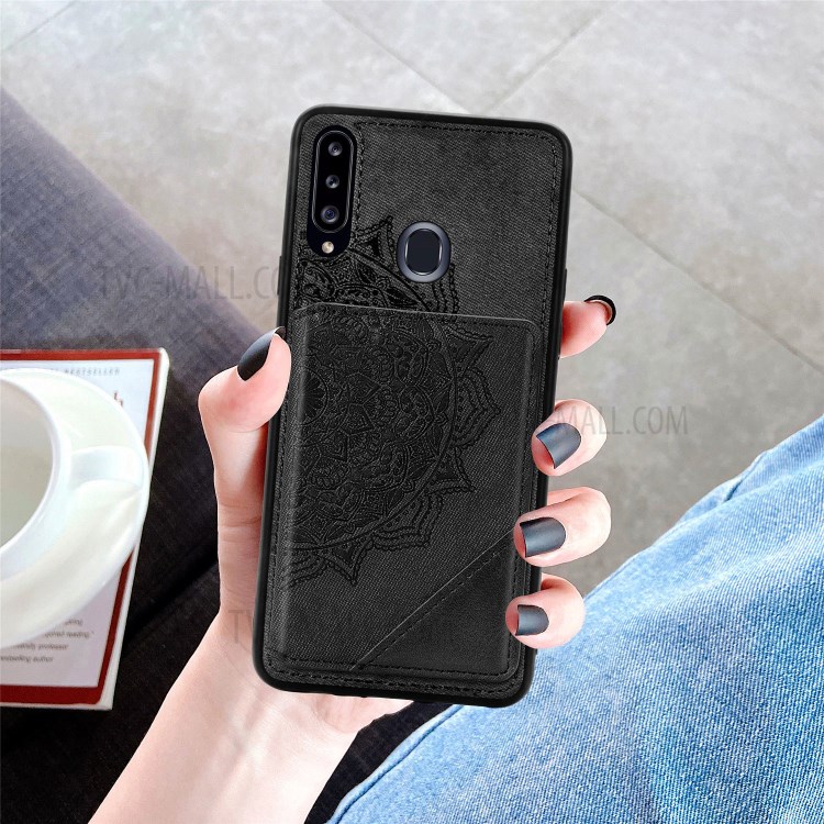 Mandala Flower Pattern PU Leather+TPU Wallet Kickstand Case for Samsung Galaxy A20s - Black-12