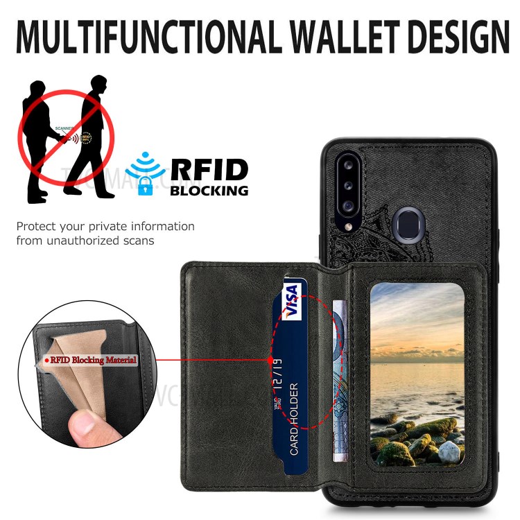 Mandala Flower Pattern PU Leather+TPU Wallet Kickstand Case for Samsung Galaxy A20s - Black-6