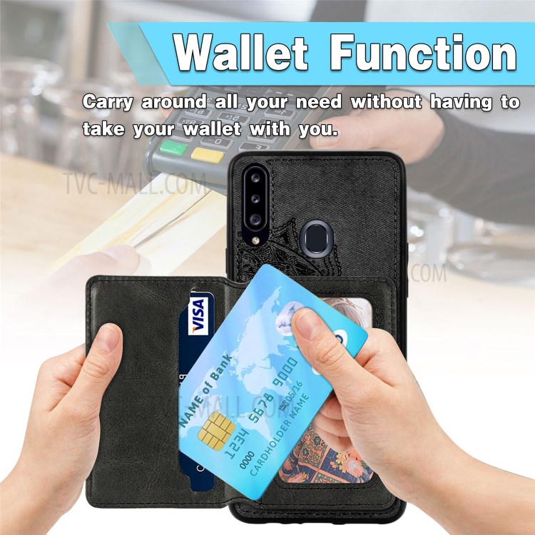 Mandala Flower Pattern PU Leather+TPU Wallet Kickstand Case for Samsung Galaxy A20s - Black-7