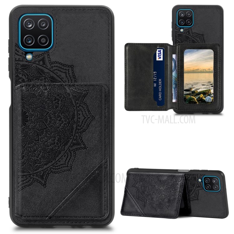 Mandala Flower Pattern PU Leather+TPU Flip Wallet Phone Case for Samsung Galaxy A12 - Black-1