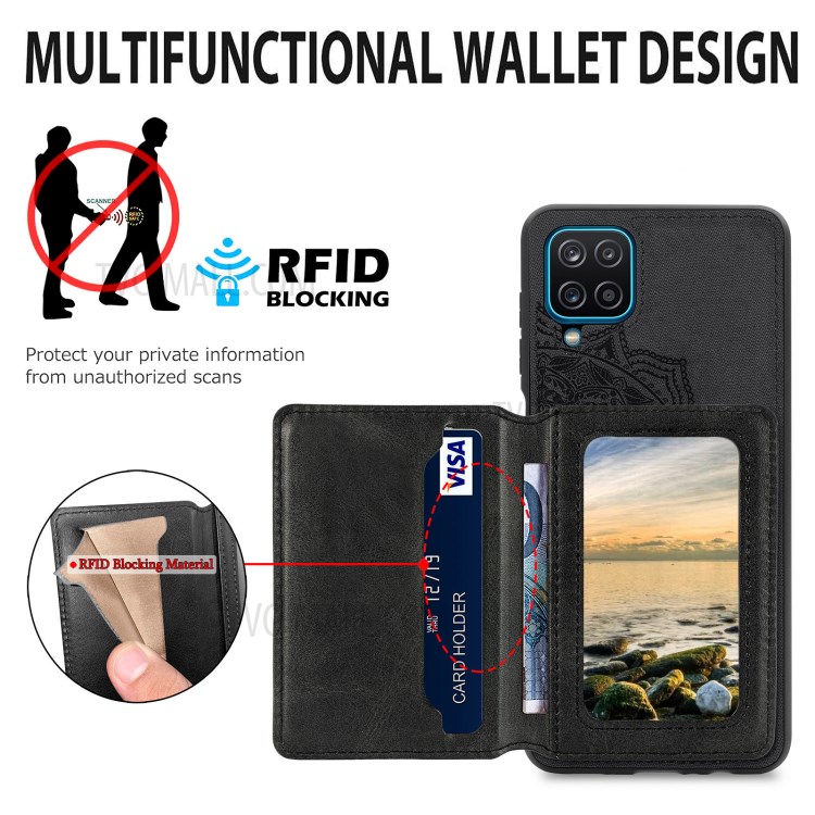 Mandala Flower Pattern PU Leather+TPU Flip Wallet Phone Case for Samsung Galaxy A12 - Black-6